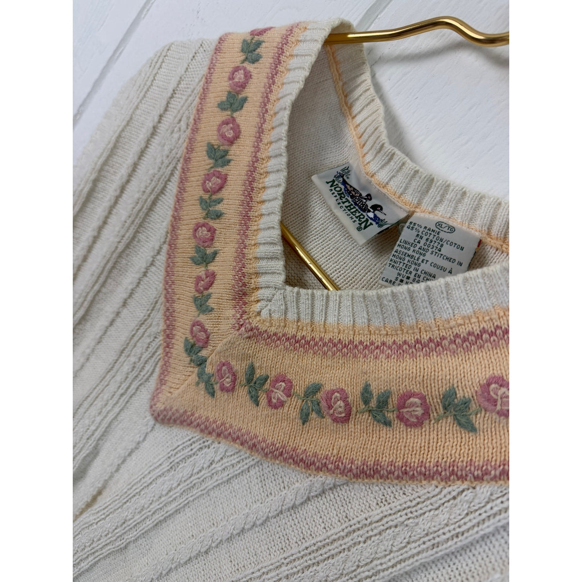 Vintage Northern Reflections Sweater Vest XL Ramie Cotton Floral Embroidered