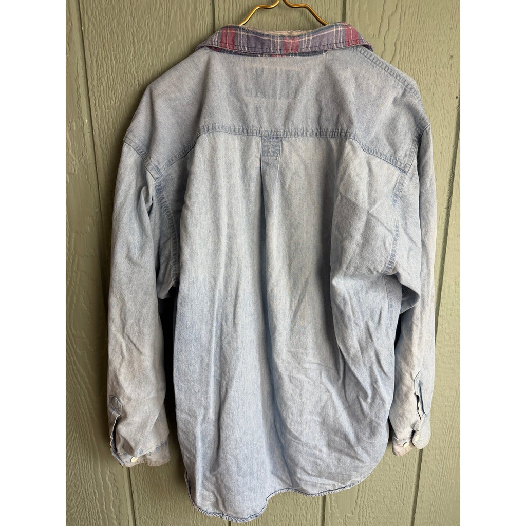 Vintage Denim Button-Up Shirt | Plaid Lined Collar | 90s Workwear