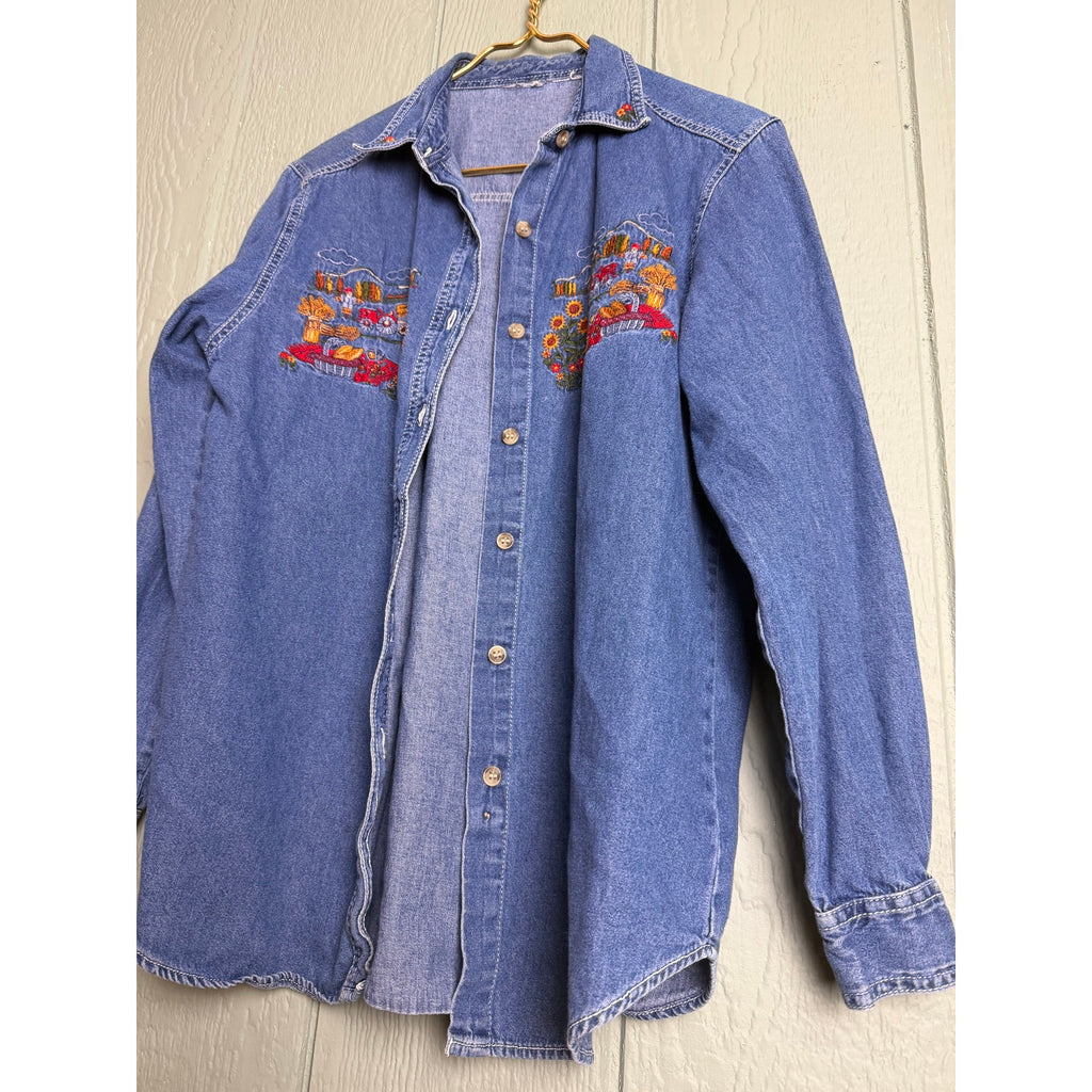 Vintage 90s Denim Shirt Farm & Floral Embroidery Button Front
