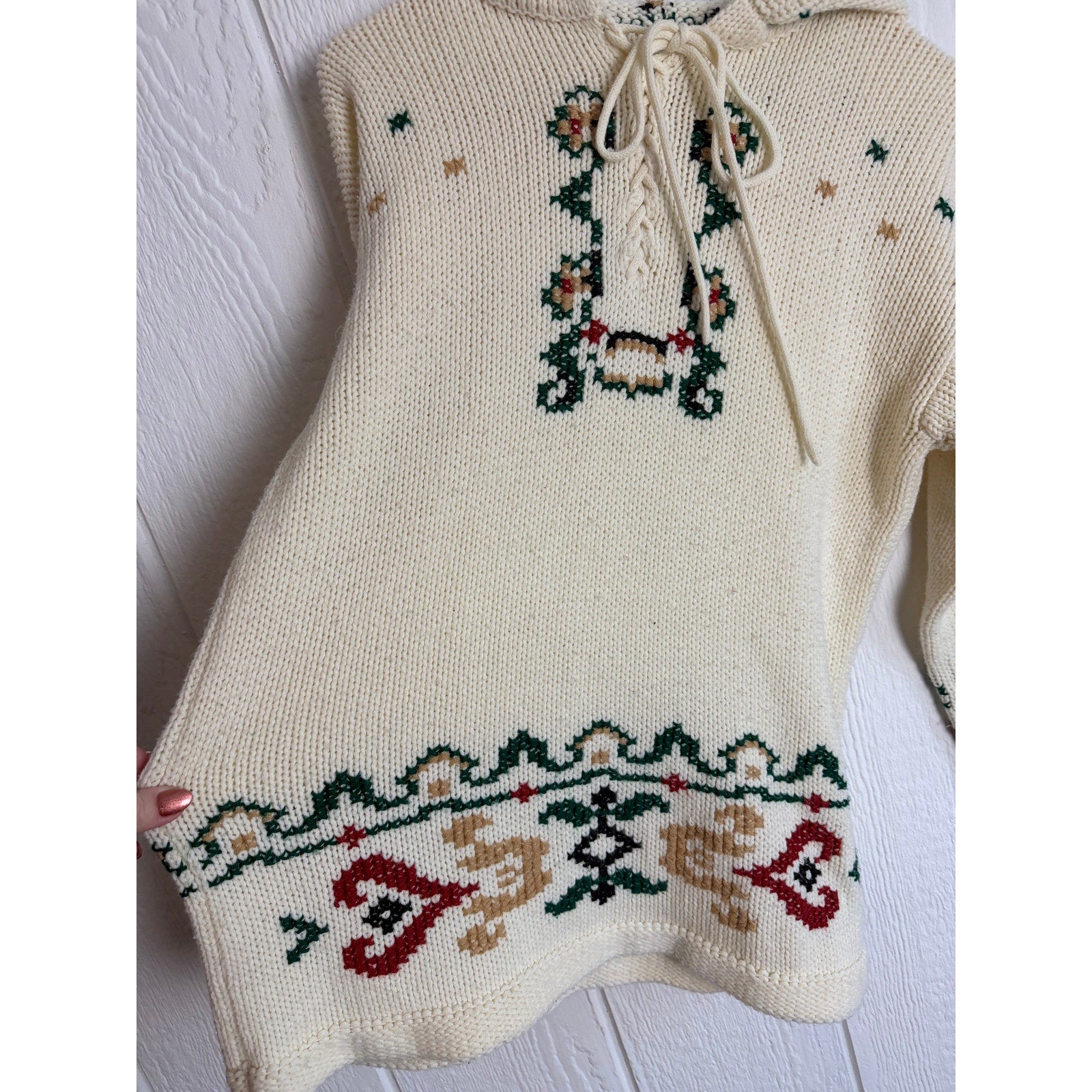 Vintage Hooded Knit Sweater Reindeer Bird Winter Folk Cottagecore Size S