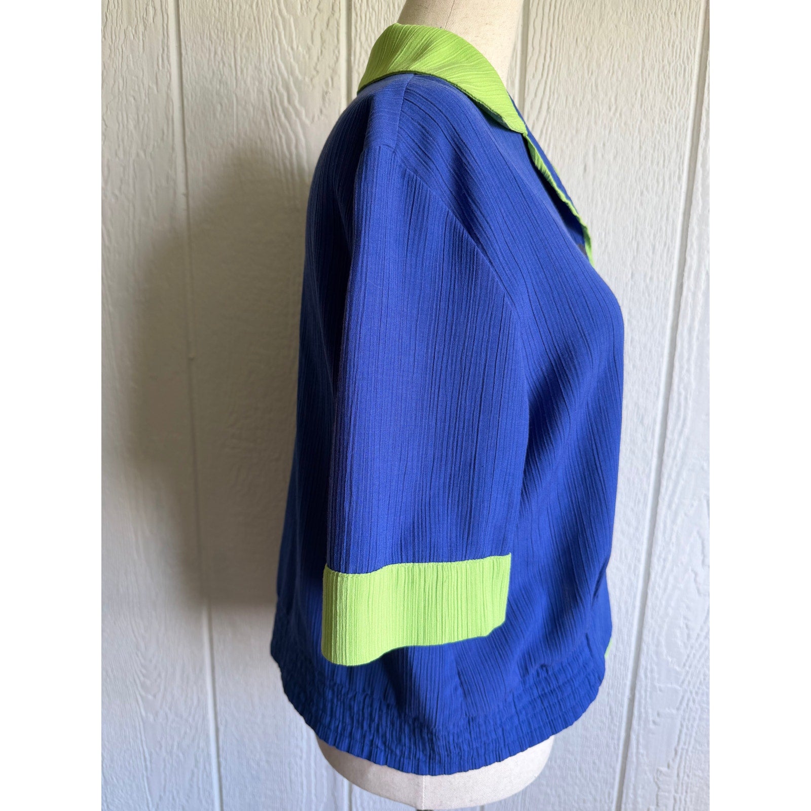 Vintage Colorblock Blouse Blue Green Crinkle Button Front Top 90s