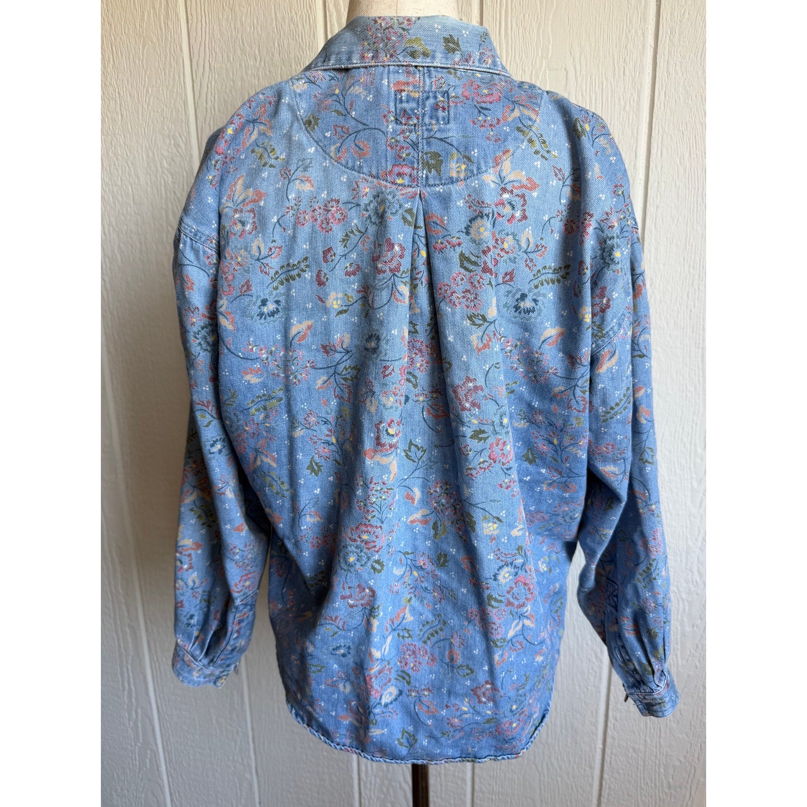 Vintage Floral Denim Jacket Women PL Button Front Cottagecore Blue