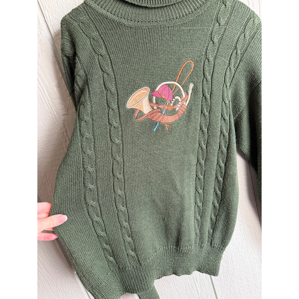 Vintage Herman Geist Cable Knit Sweater Wool Blend Embroidered Bird Horn M