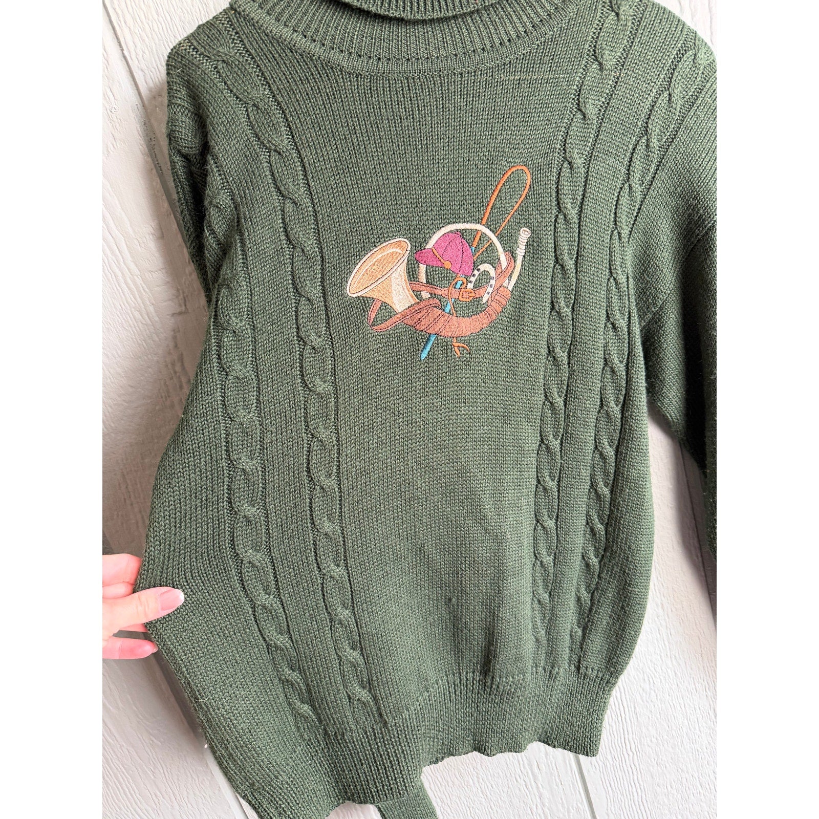 Vintage Herman Geist Cable Knit Sweater Wool Blend Embroidered Bird Horn M