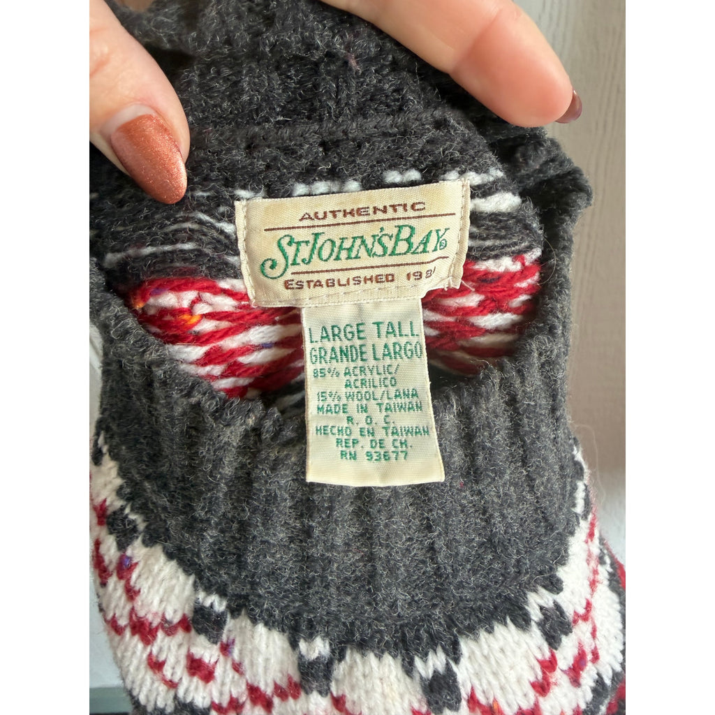 Vintage St Johns Bay Fair Isle Sweater Large Tall Red Nordic Mock Neck Wool