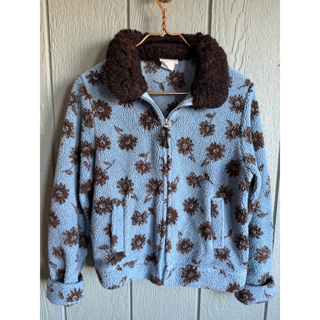 Vintage Floral Sherpa Fleece Jacket Women’s Blue Brown Zip Front Cozy Small