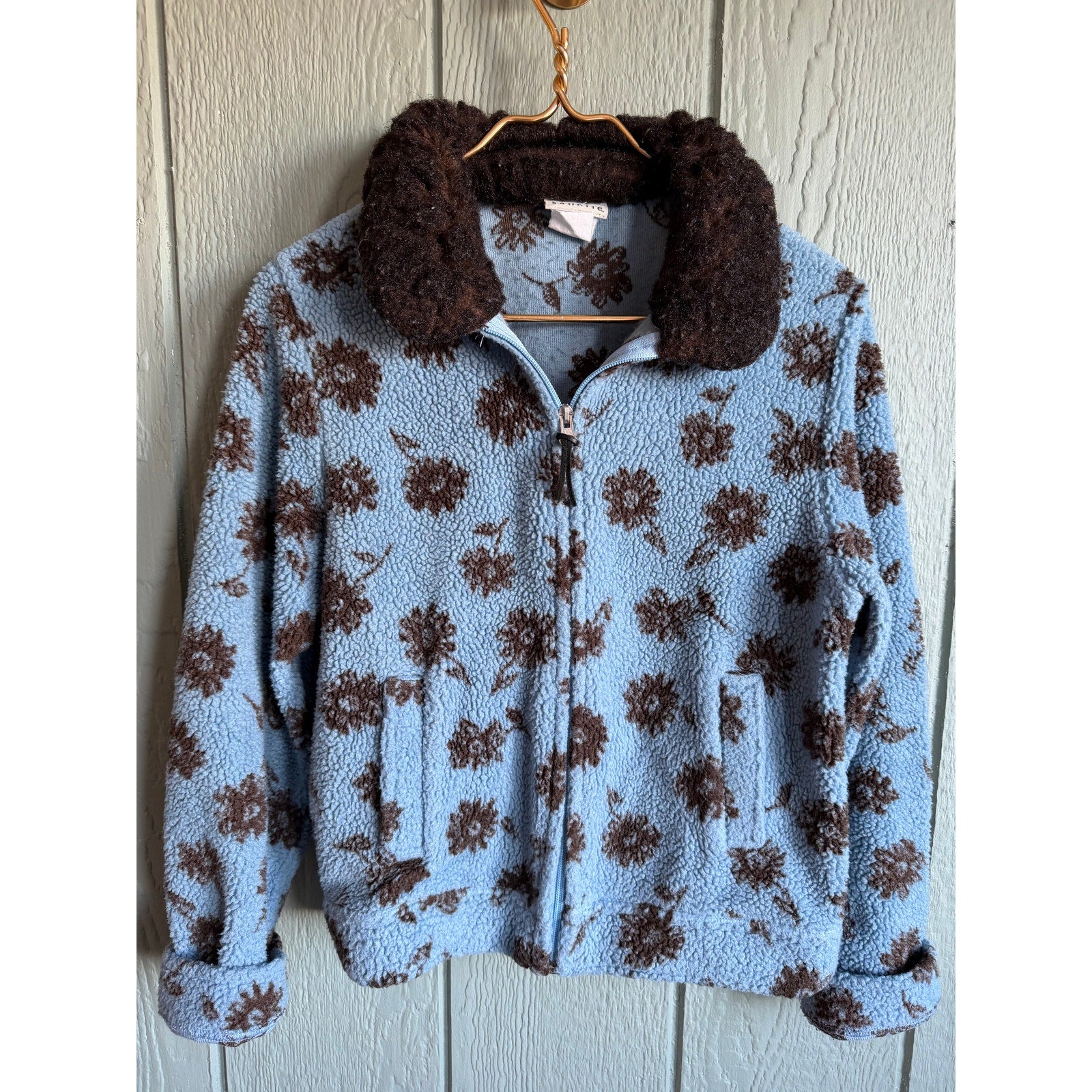 Vintage Floral Sherpa Fleece Jacket Women’s Blue Brown Zip Front Cozy Small