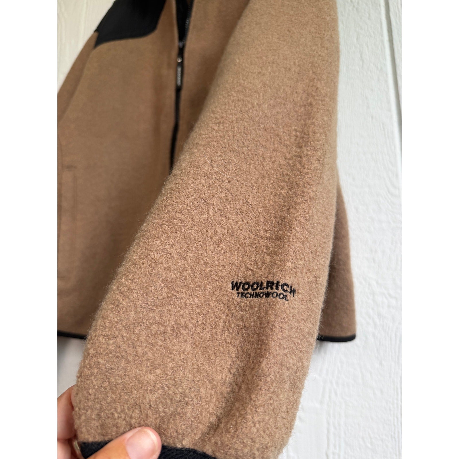 Woolrich TechnoWool Men's XL Full Zip Wool Blend Fleece Jacket Tan Black USA