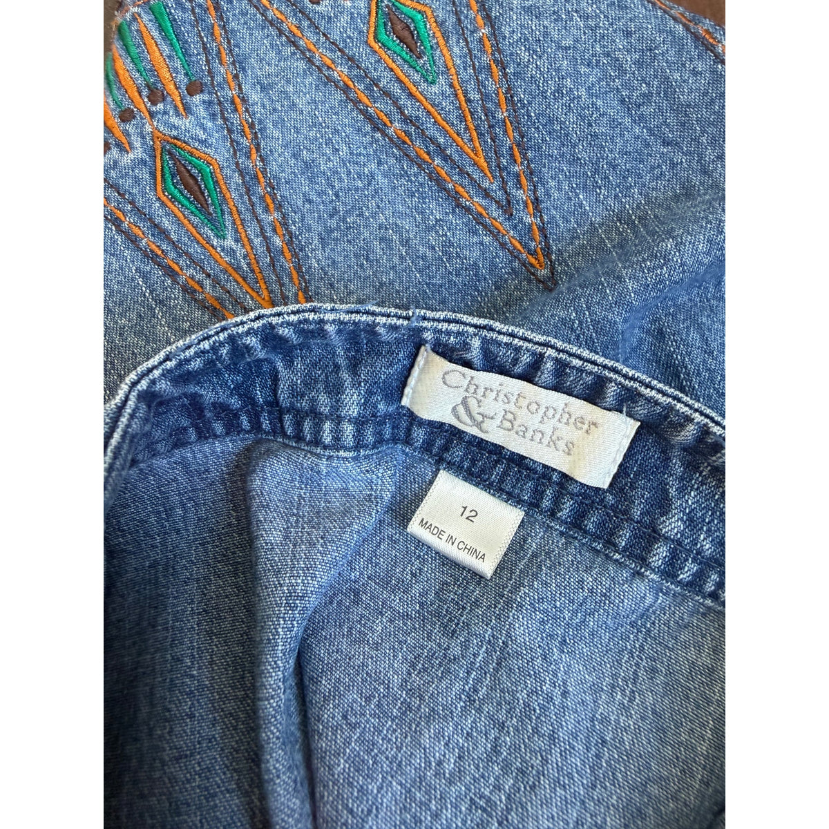 Vintage Embroidered Denim Midi Skirt Scalloped Hem Boho Cottagecore 12