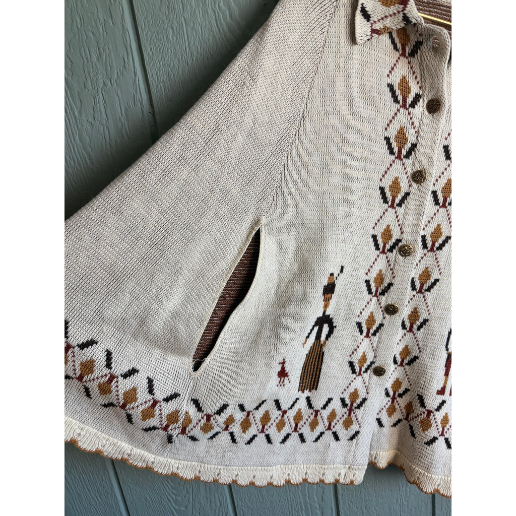 Vintage 90s Griffing Folk Art Cardigan Sweater Cape Cream Beige Button Front