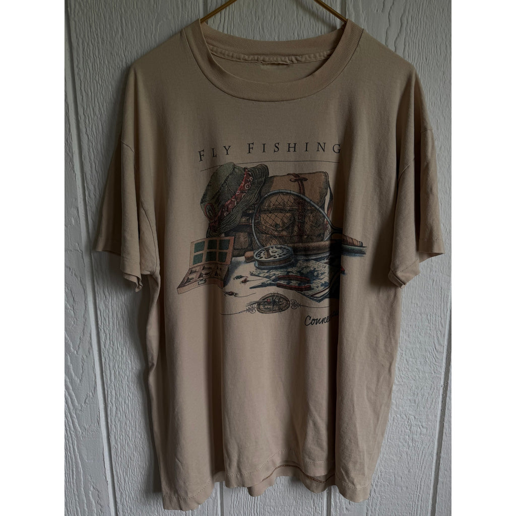 Vintage Single Stitch Fly Fishing Connecticut Graphic T Shirt Beige USA Made