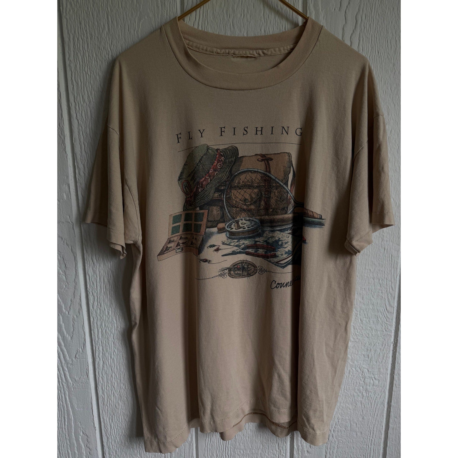 Vintage Single Stitch Fly Fishing Connecticut Graphic T Shirt Beige USA Made