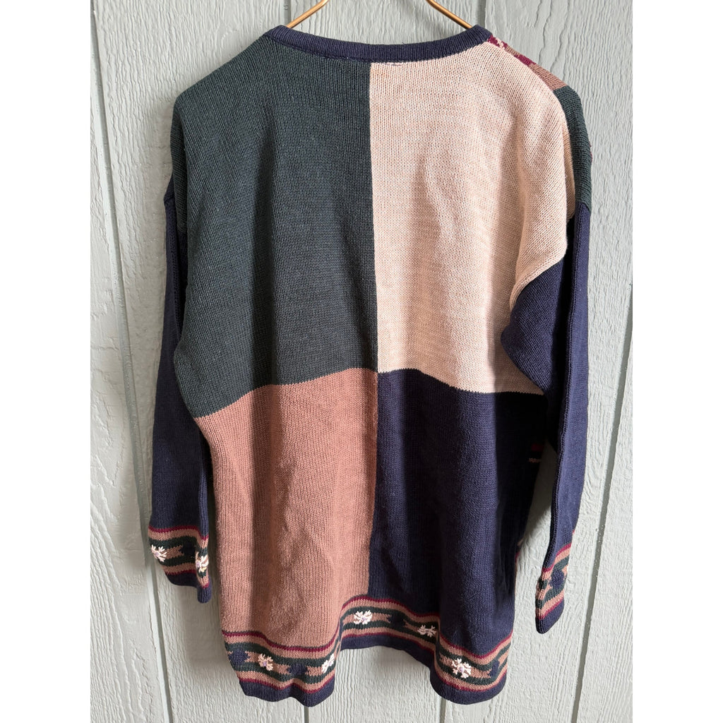Vintage Tapestry Sweater Women’s LG Patchwork Floral Snowflake Knit