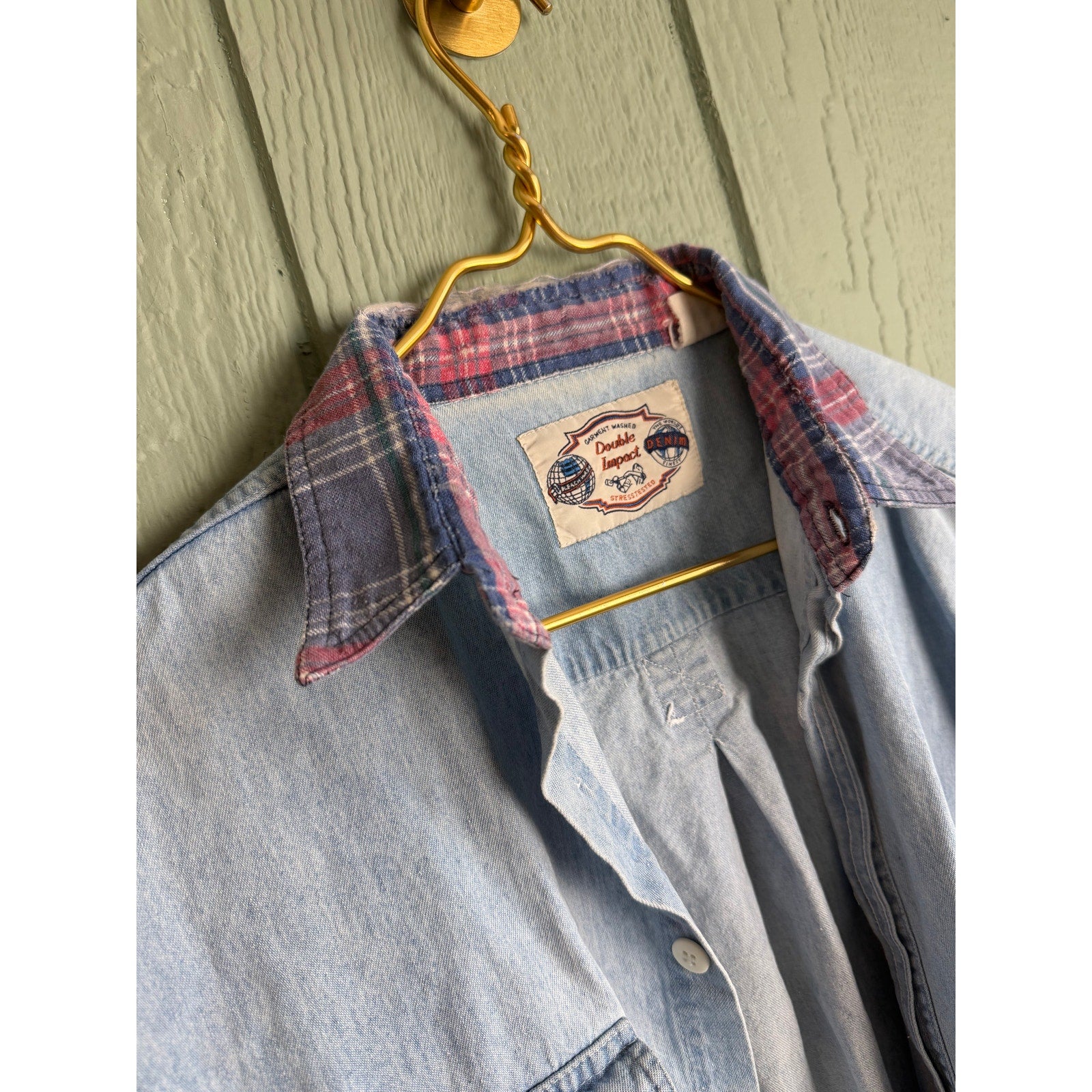 Vintage Denim Button-Up Shirt | Plaid Lined Collar | 90s Workwear