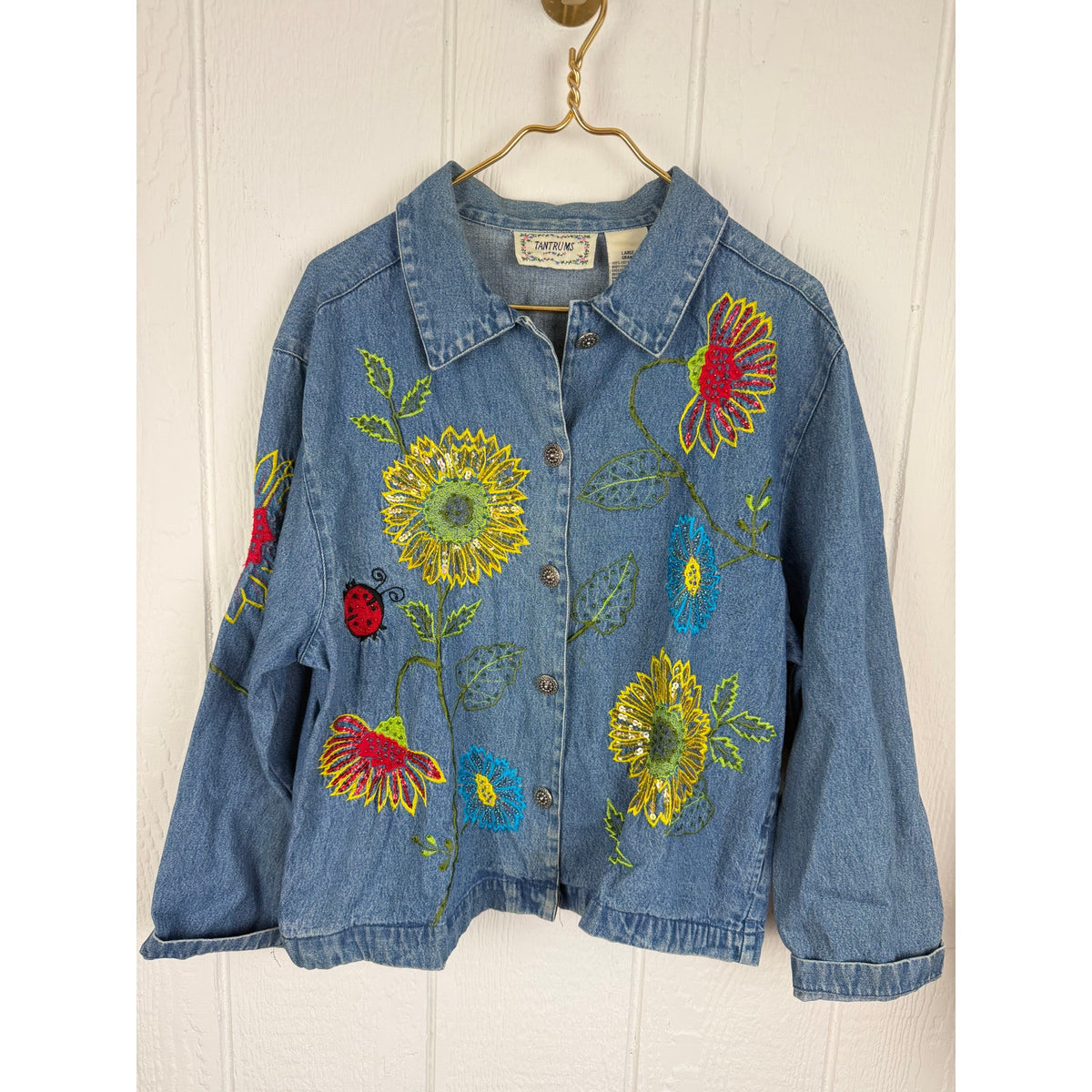 Vintage 90s Tantrums Embroidered Sunflower Denim Jacket Large Sequin Floral Boho