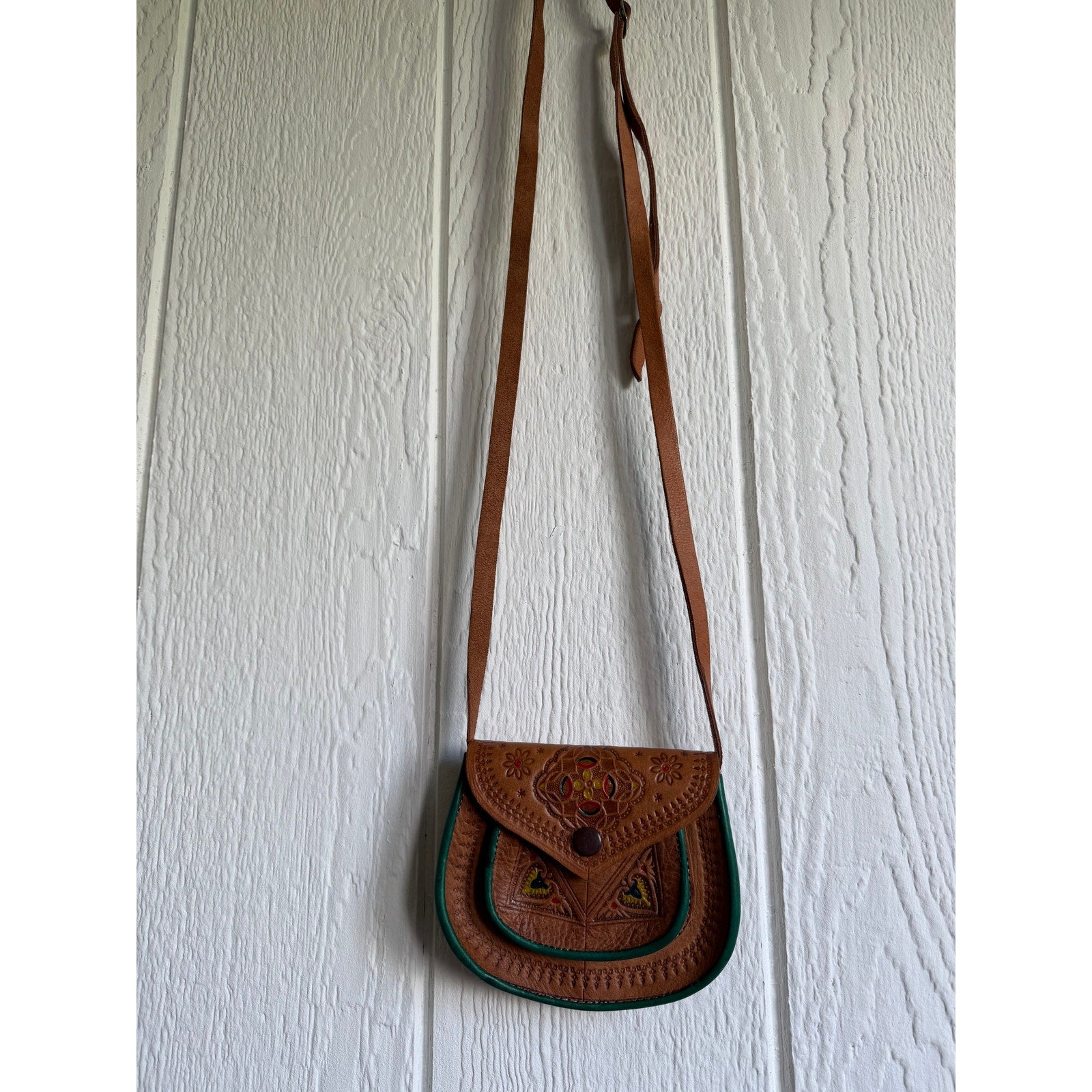 Vintage Tooled Leather Crossbody Purse Boho Folk Art Hand Painted Saddle Bag