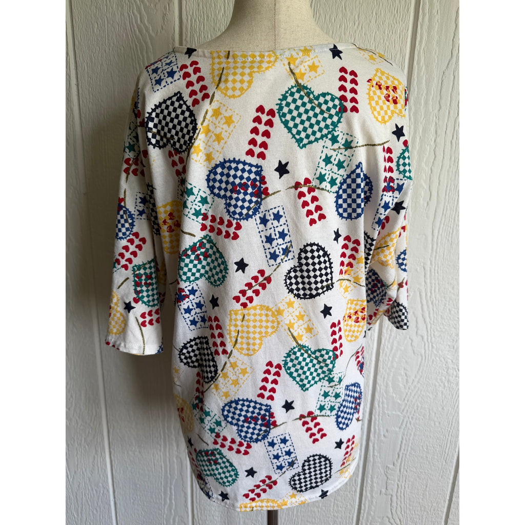 Vintage Act III Heart Print Blouse Button Front Novelty Checker Star Top Medium