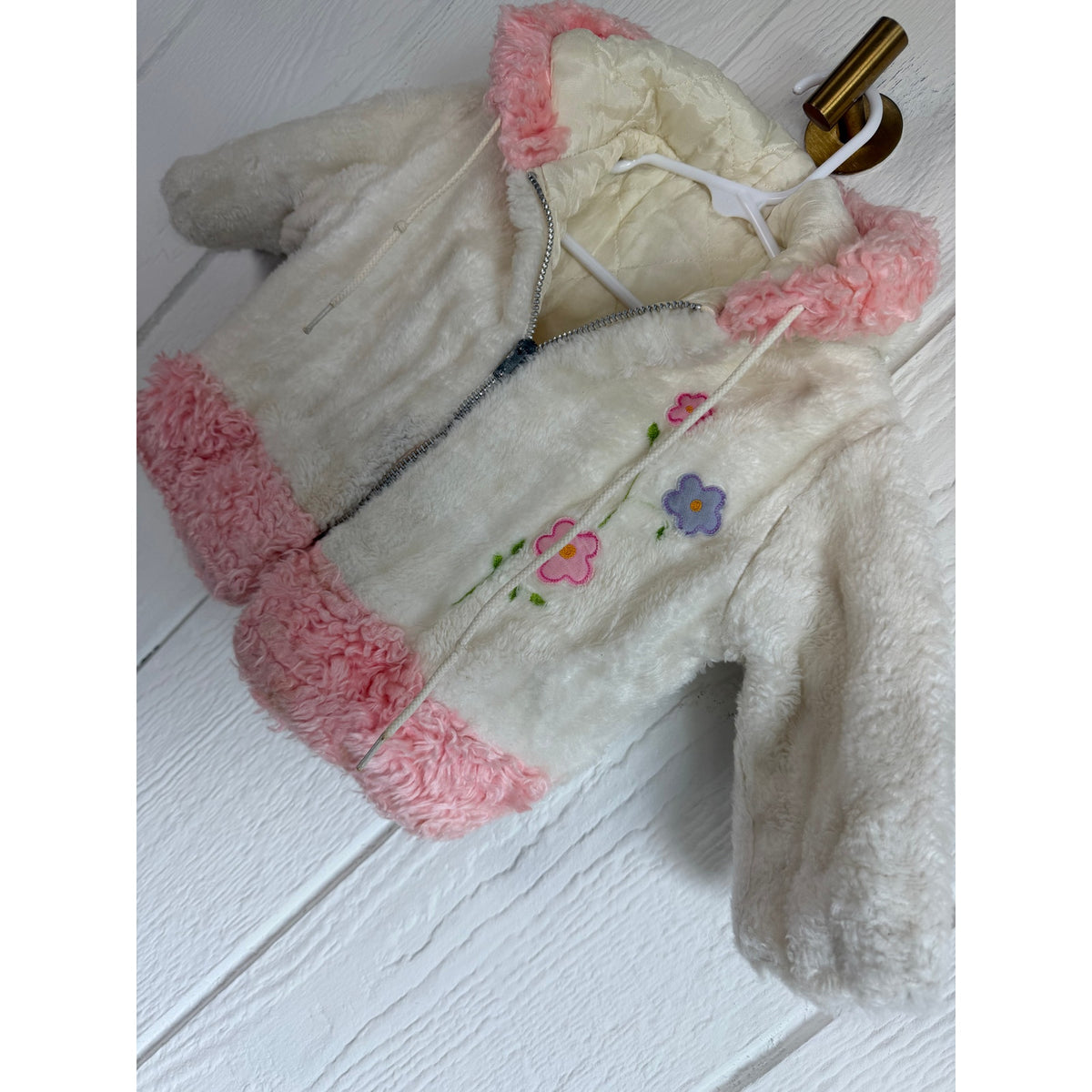 Y2K Girls Faux Fur Hooded Jacket Pink White Floral Fairycore Coat