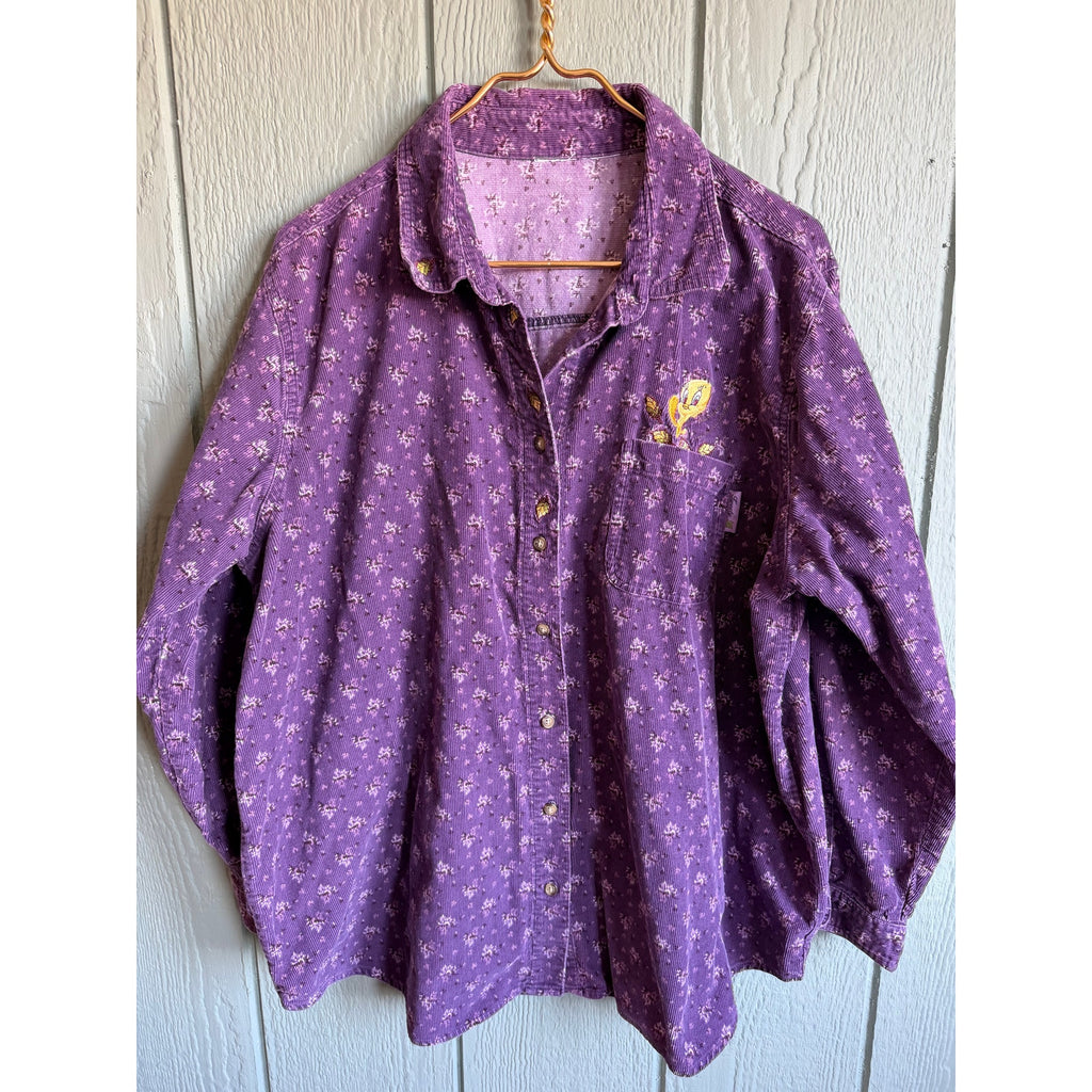 Vintage Tweety Bird Purple Corduroy Button Down Shirt Floral Looney Tunes 90s