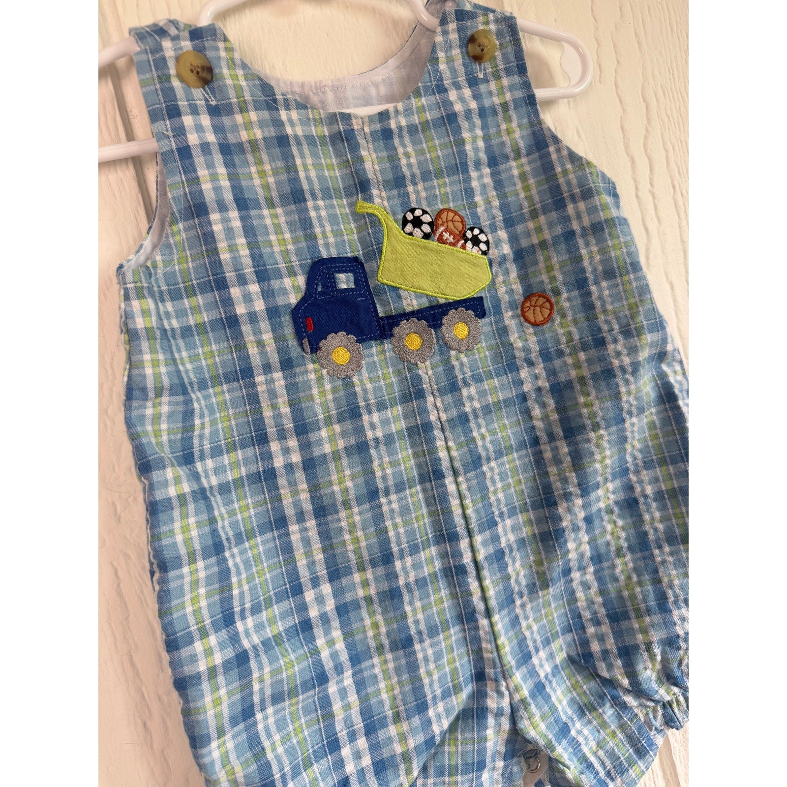 Vintage Great Guy Baby Boys 6-9M Blue Plaid Dump Truck Sports Ball Bubble