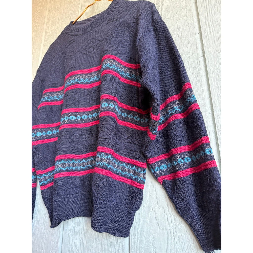 Vintage 90s Canda Knit Sweater Navy Red Teal Striped Textured Crewneck MD