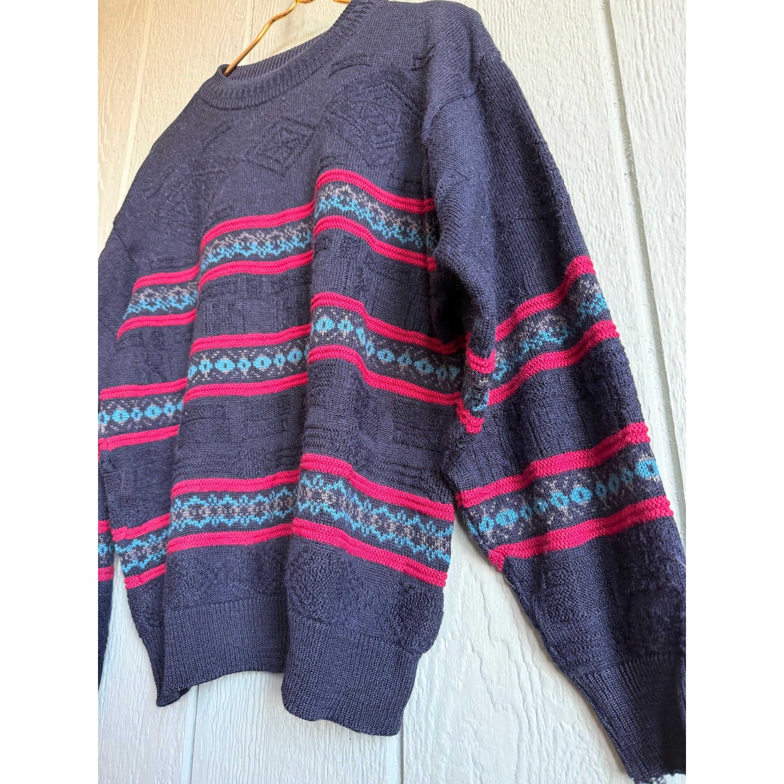 Vintage 90s Canda Knit Sweater Navy Red Teal Striped Textured Crewneck MD