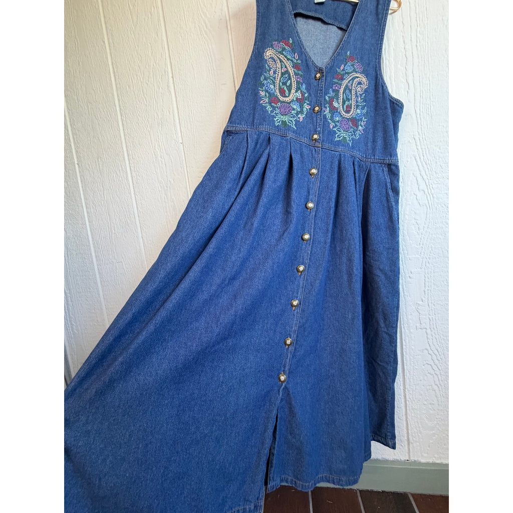 Vintage 90s Jane Ashley Denim LG Maxi Dress Embroidered Paisley Floral Button
