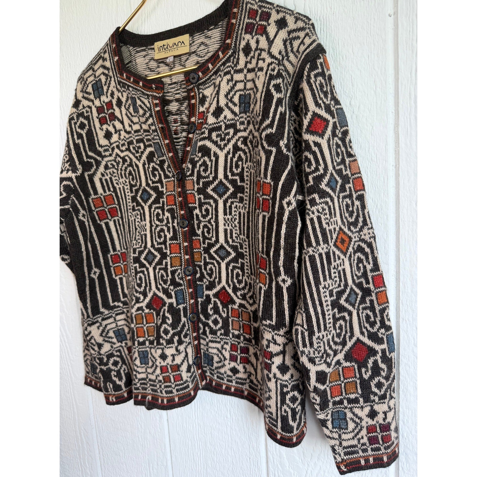 Vintage Intiwara Alpaca Wool Handmade Cardigan Sweater Print Large