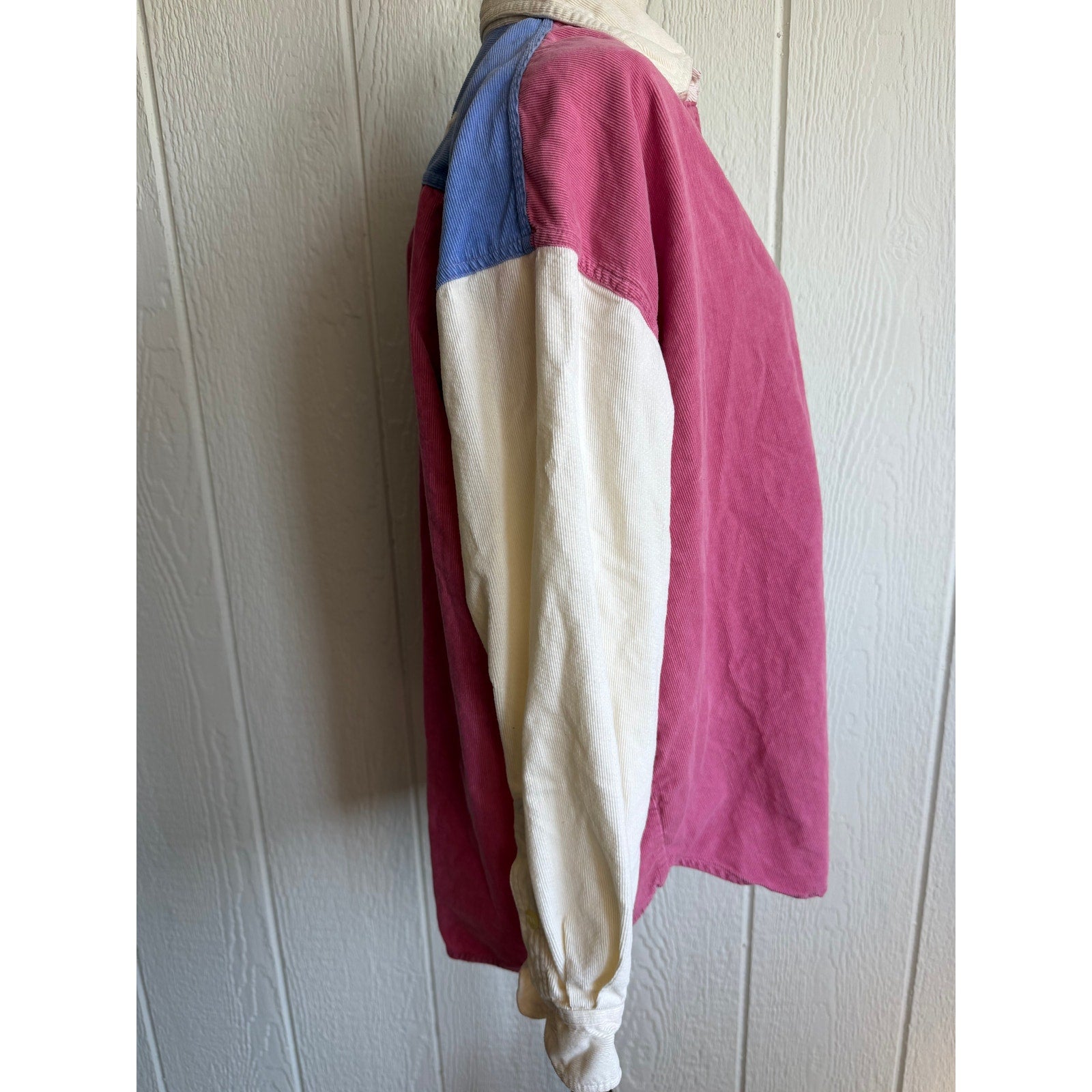 Vintage Colorblock Corduroy Button Down Shirt Pink Teal Retro 90s Medium