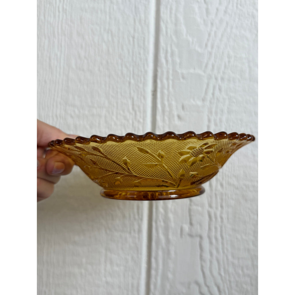 Vintage Amber Glass Footed Serving Bowl Scalloped Edge Floral Pressed Glass