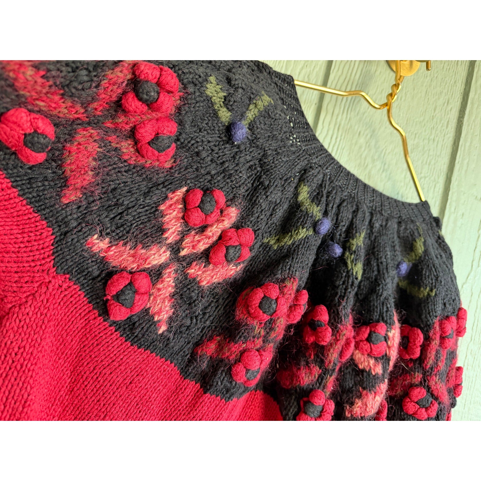 Vintage Hand Knit Floral Cardigan Sweater Red & Black Chunky Button Front Medium