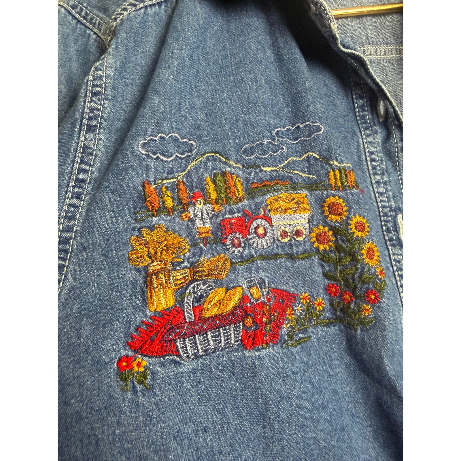 Vintage 90s Denim Shirt Farm & Floral Embroidery Button Front