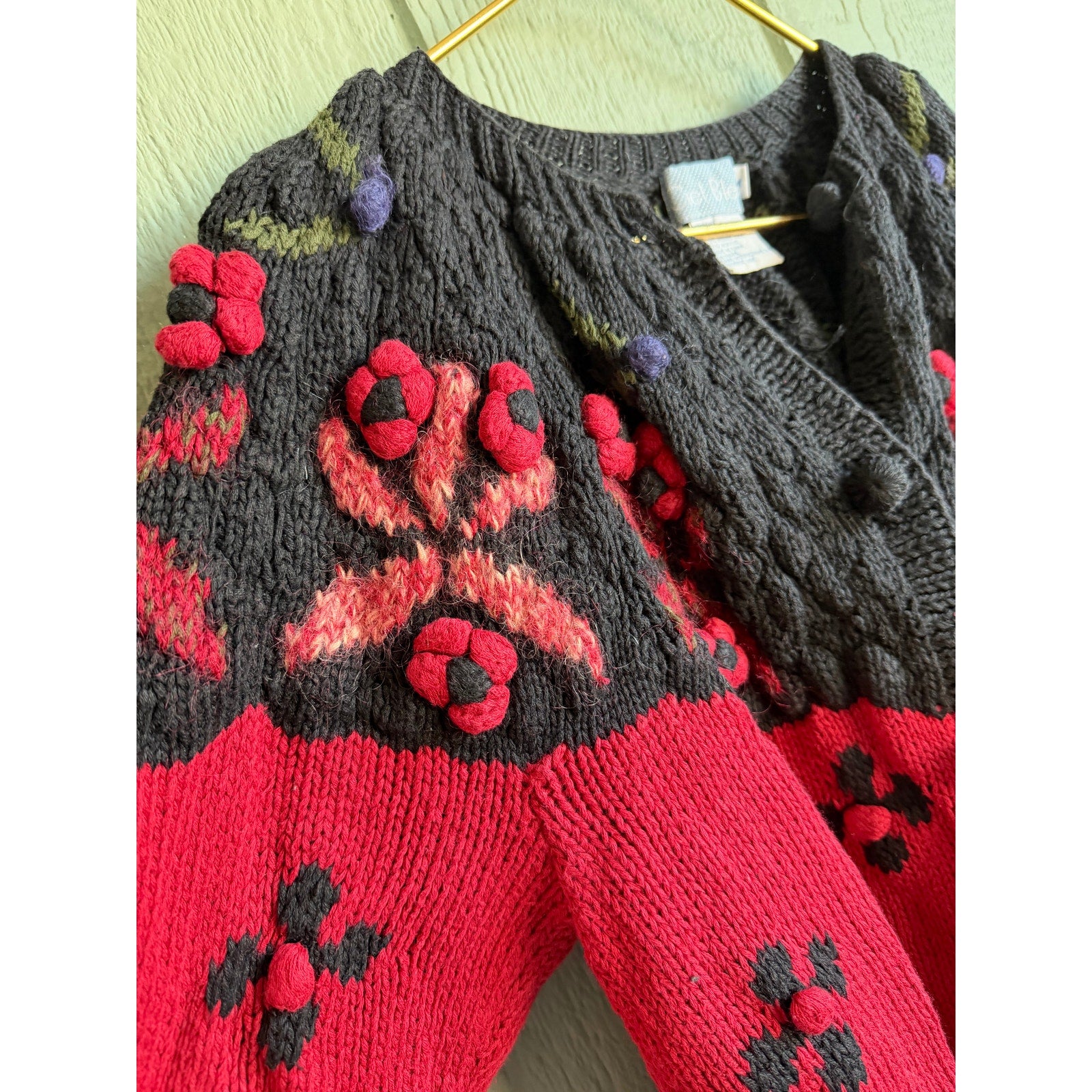 Vintage Hand Knit Floral Cardigan Sweater Red & Black Chunky Button Front Medium