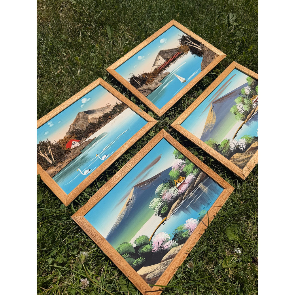 Vintage Japan Mount Fuji Wall Art Set of 4 Bark Diorama Landscapes Made in Japan