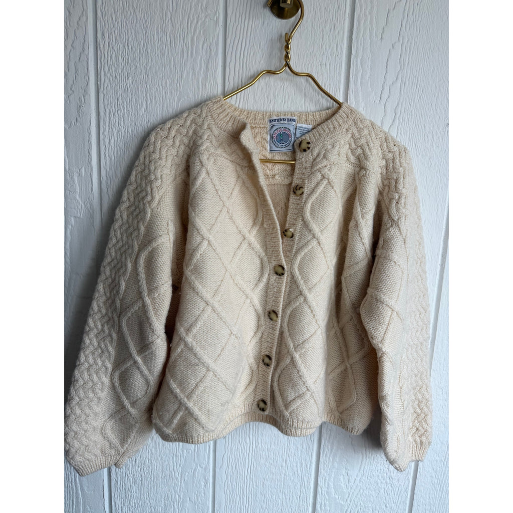 Vintage Irish Fisherman Cardigan Cable Knit Wool Sweater Ireland XL