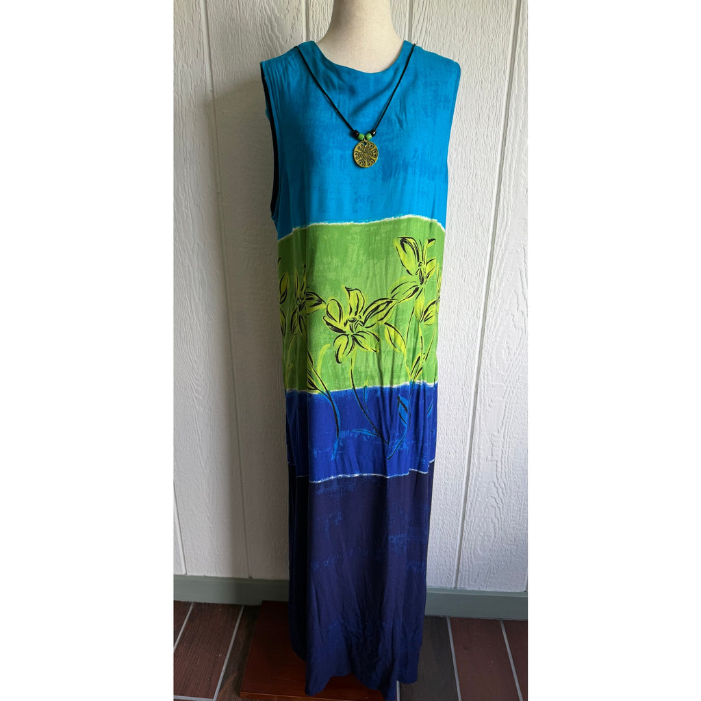 Vintage Caliche Collection Maxi Dress Tropical Colorblock Floral Sleeveless Size 18