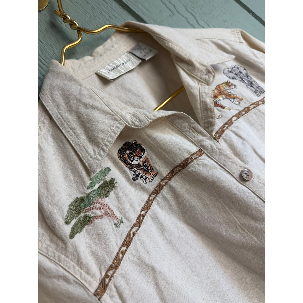 Vintage Safari Animal Embroidered Shirt Women’s Large Linen Cotton Blend