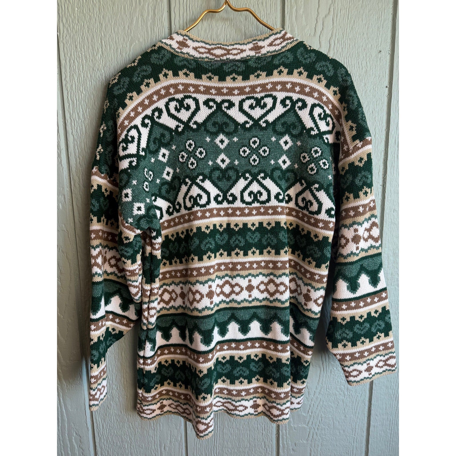 Vintage 90s Sweater Large | Green Brown Fair Isle Nordic Pattern USA Cottagecore