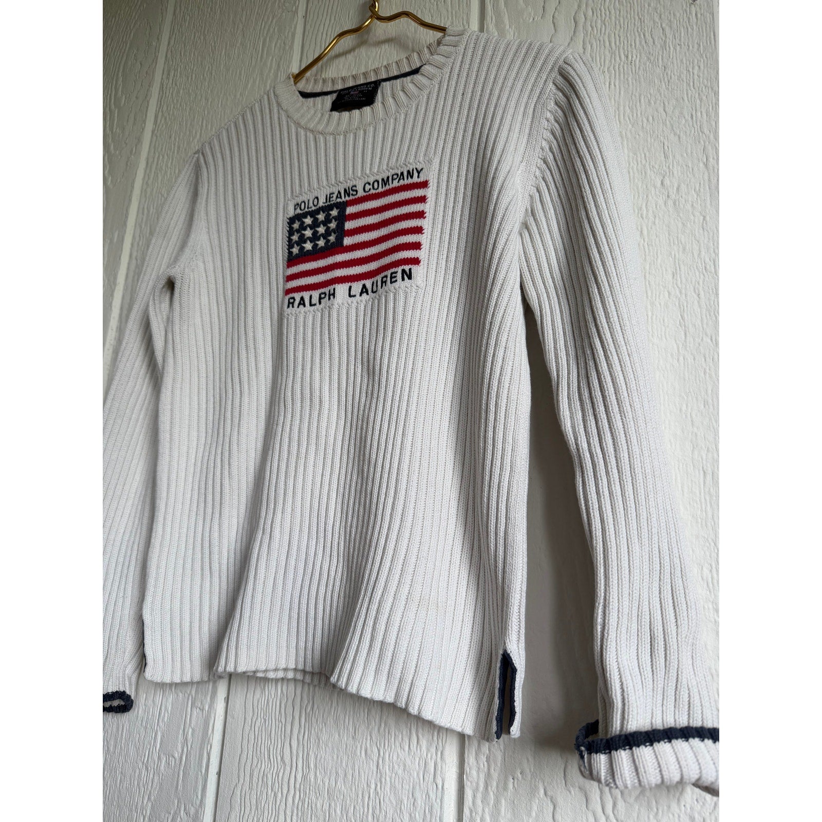 Vintage Polo Ralph Lauren Ribbed Knit Creamy Beige Luxury USA Flag Sweater Med