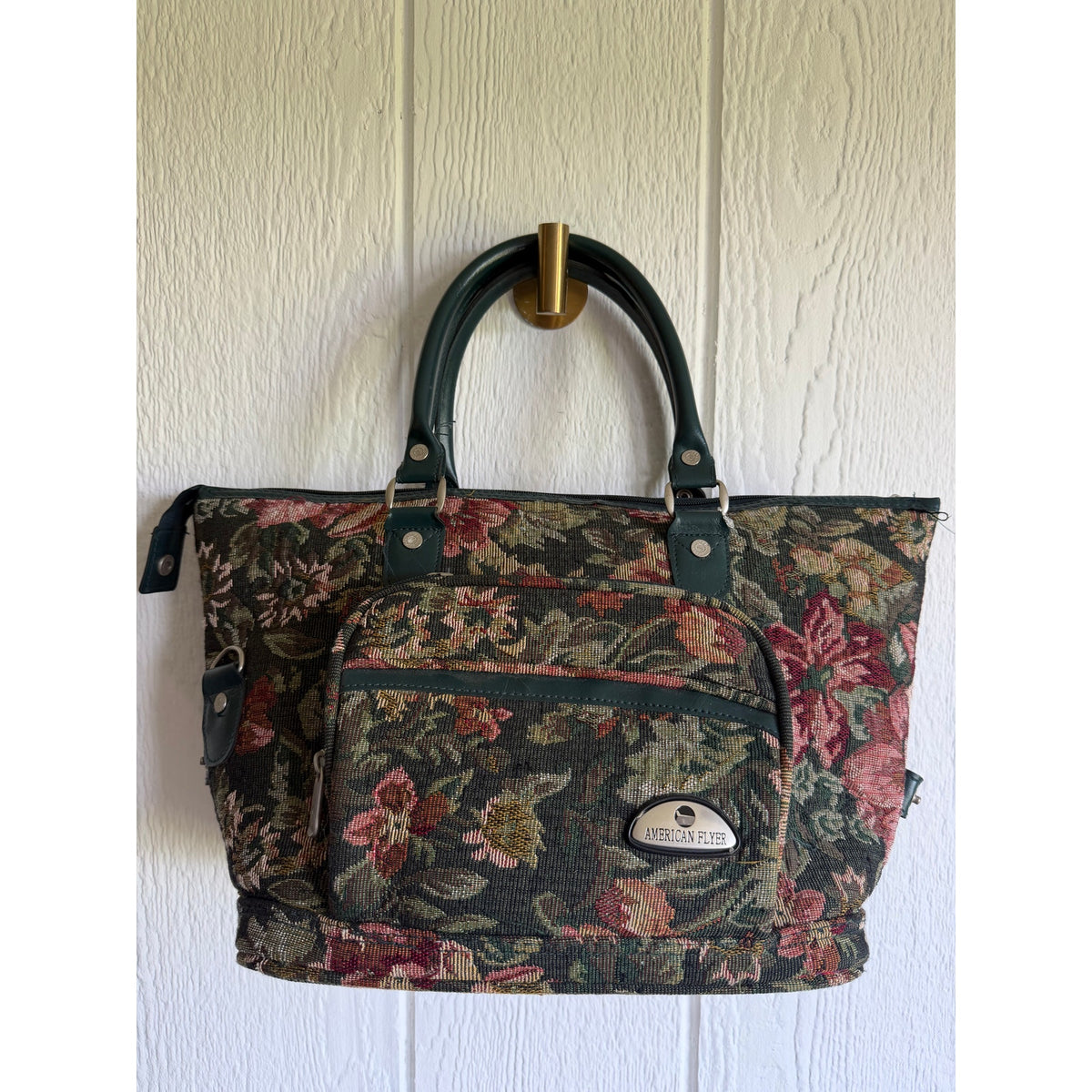 Vintage American Flyer Floral Tapestry Carpet Bag Weekender Duffel Travel Bag