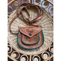 Vintage Tooled Leather Crossbody Purse Boho Folk Art Hand Painted Saddle Bag