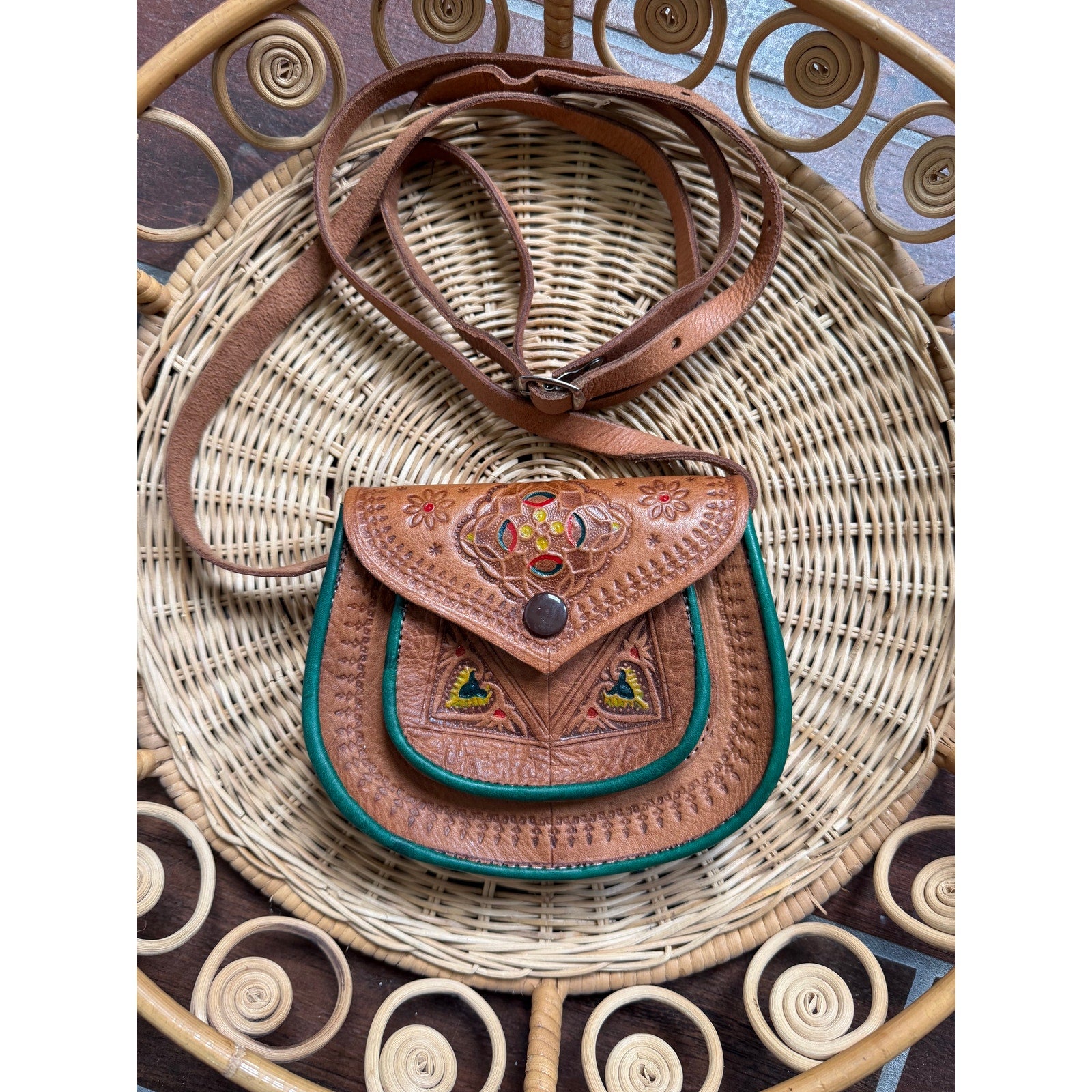 Vintage Tooled Leather Crossbody Purse Boho Folk Art Hand Painted Saddle Bag