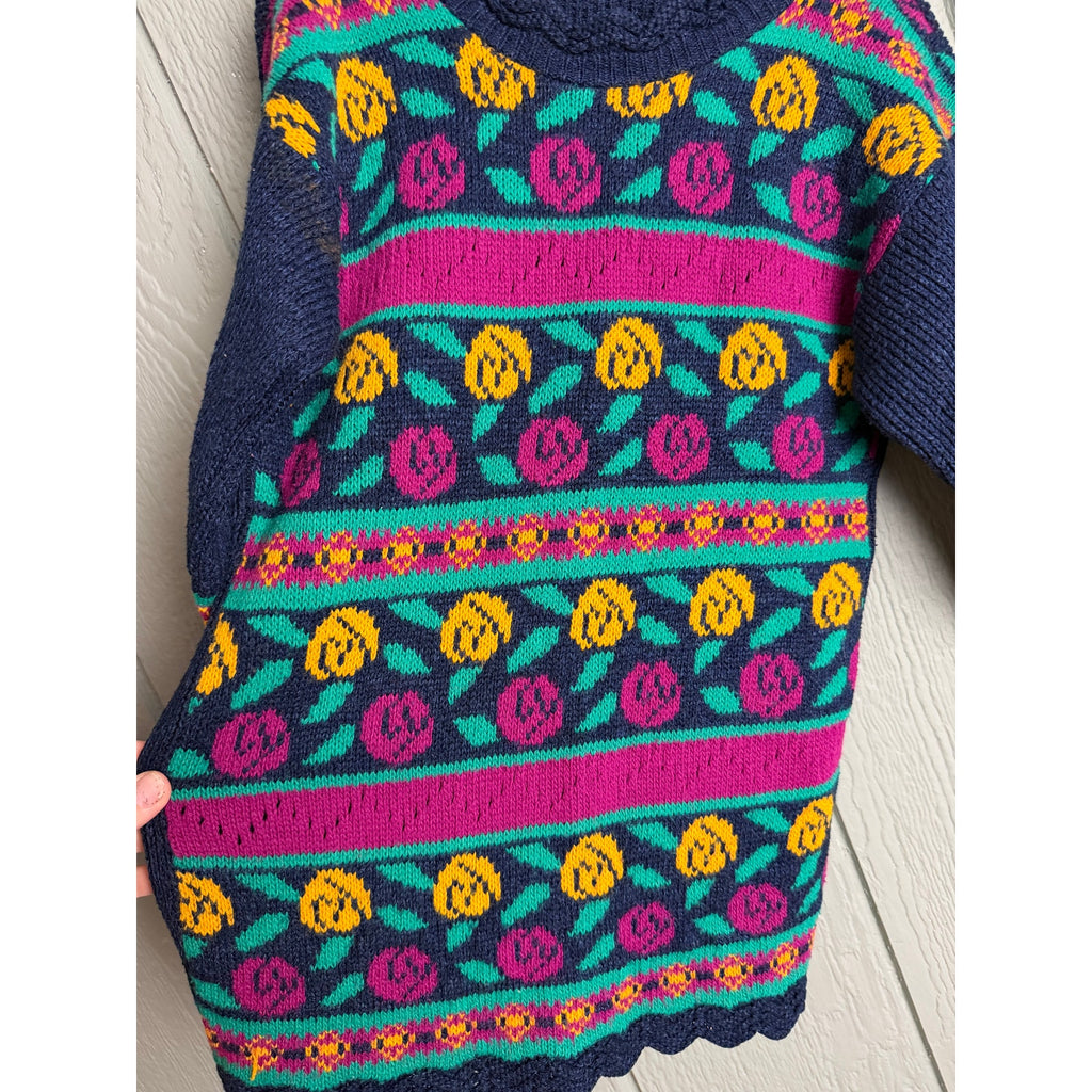 Vintage 80s Girls Sweater Navy Floral Knit Pullover Scalloped Trim Retro