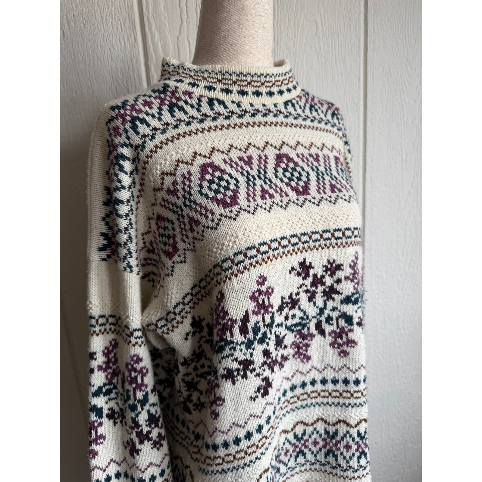 Vintage 90s Braun Style Nordic Fair Isle Sweater Oversized Cream Cottagecore SM