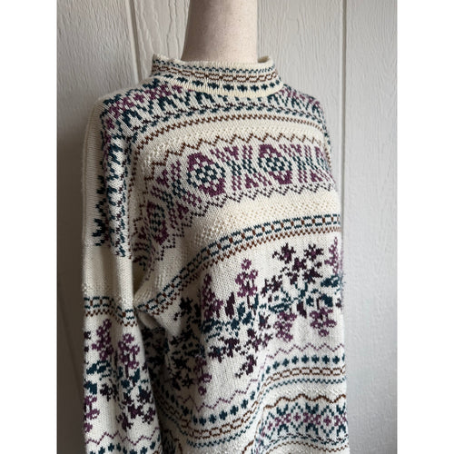 Vintage 90s Braun Style Nordic Fair Isle Sweater Oversized Cream Cottagecore SM
