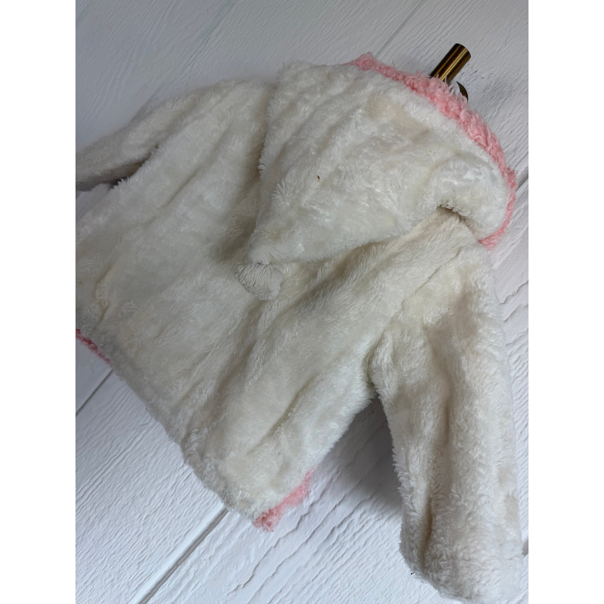 Y2K Girls Faux Fur Hooded Jacket Pink White Floral Fairycore Coat