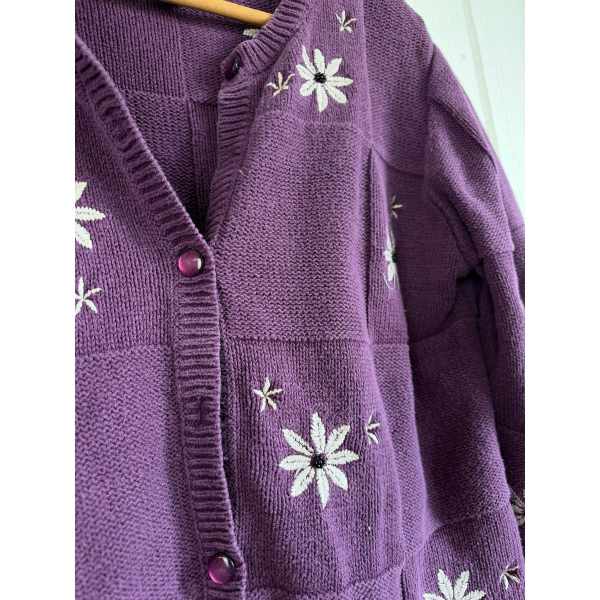 Vintage 90s Purple Daisy Embroidered Patchwork Cardigan Size S Cottagecore