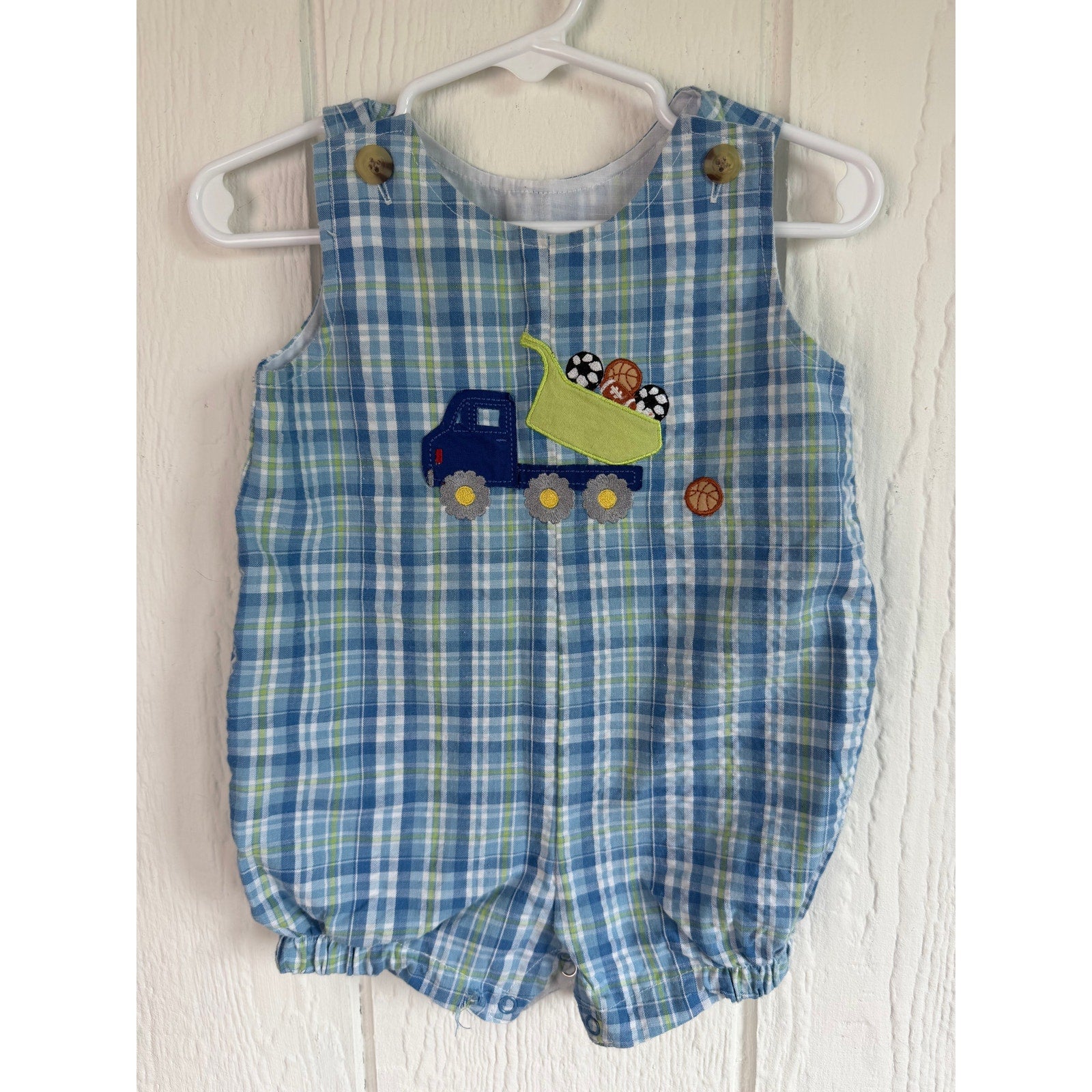 Vintage Great Guy Baby Boys 6-9M Blue Plaid Dump Truck Sports Ball Bubble