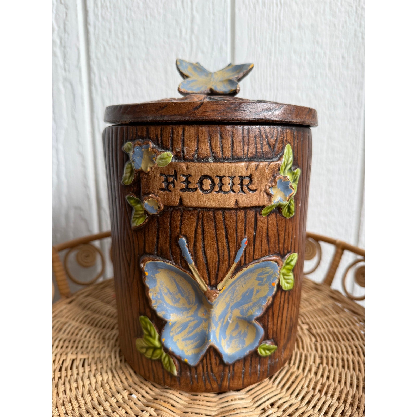 Vintage Mid-century Modern Boho "Treasure Craft" Butterfly Set Of 3 Canisters!
