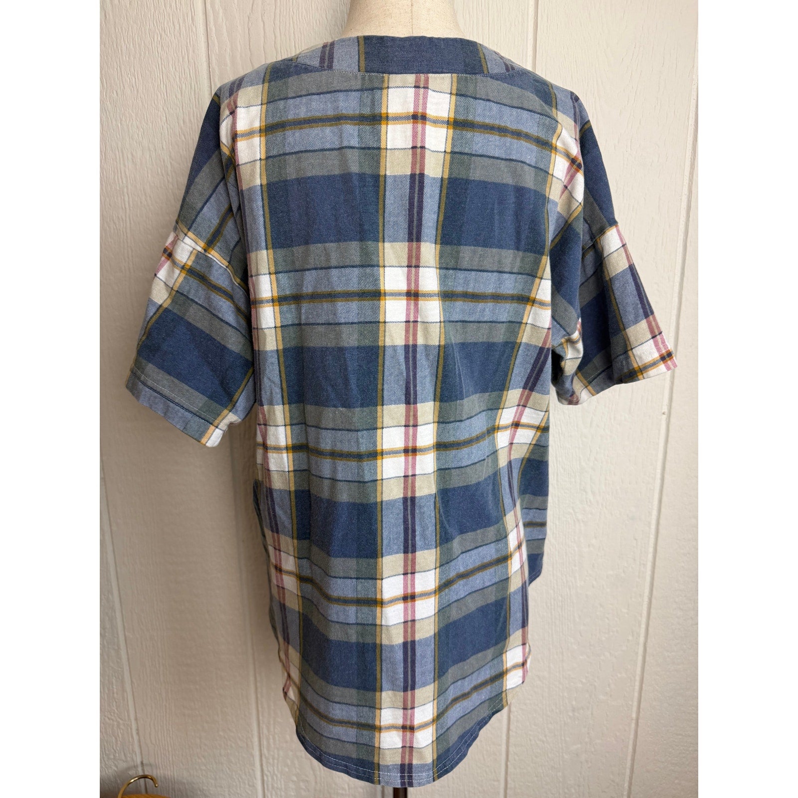 Vintage Honors Plaid Henley Shirt Women’s Oversized Blue Cottagecore Grunge Top